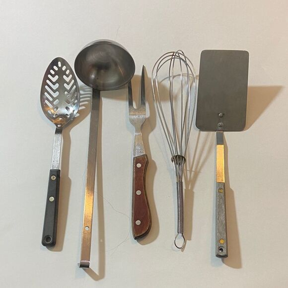 Vtg,Stainless Steel Kitchen Utensil Set 5 with Wooden Accents - Picture 3 of 15
